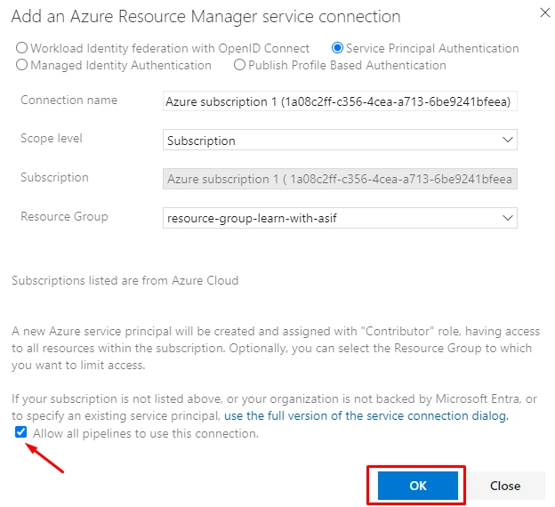 Allow all pipelines to use this connection