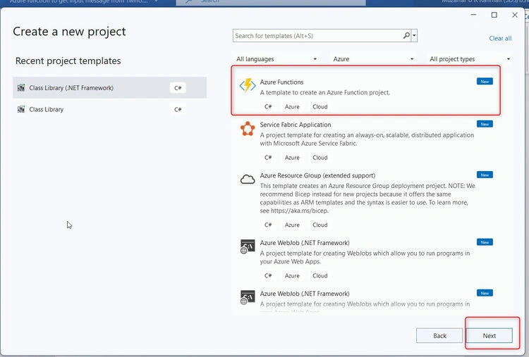 Select Azure function