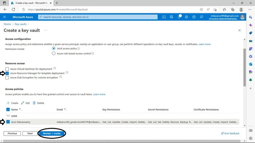Azure Key Vault Review+Create
