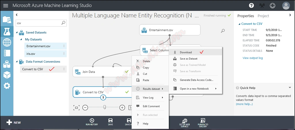 Azure Machine Learning Studio - Multiple Language Named Entity Recognition (NER) Text Analysis