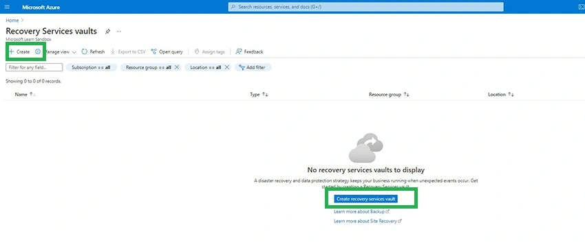 Recovery Vaults in Azure
