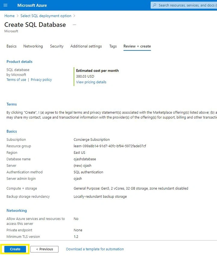 Create a Single Serverless Database in Azure