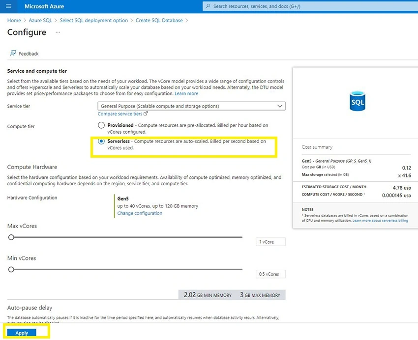 Create a Single Serverless Database in Azure