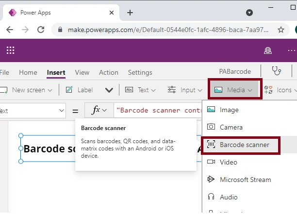 Barcode scanner Control in Power Apps