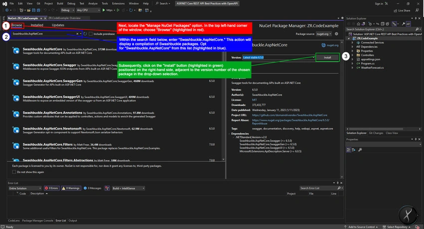 Screenshot illustrating locating the 'Manage NuGet Packages' option. The window's top left-hand corner is highlighted, and 'Browse' is emphasized in red. In the search field below, 'Swashbuckle.AspNetCore' is entered. A list of Swashbuckle packages is displayed as a result. 'Swashbuckle.AspNetCore' is highlighted in blue. An arrow points to the 'Install' button, which is highlighted in green, positioned on the right-hand side. This button is next to the version number of the selected package in the drop-down selection by Ziggy Rafiq