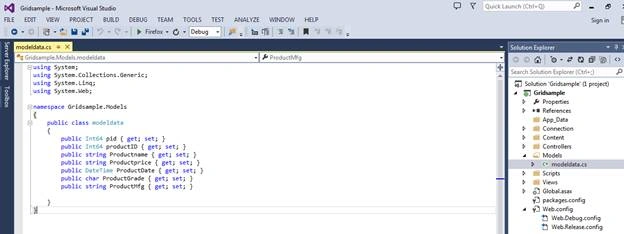 model class file named modeldata.cs 