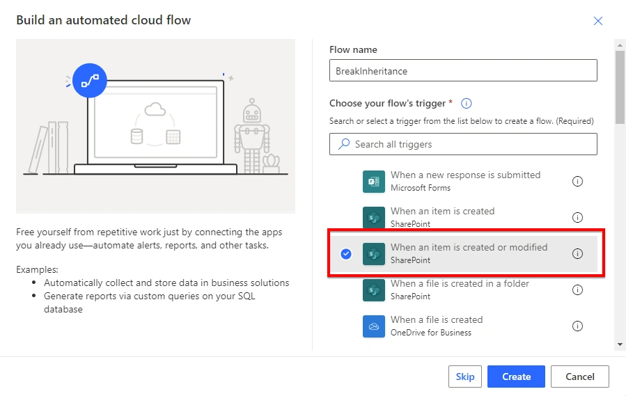 Break inheritance and set item-level permission using Power Automate