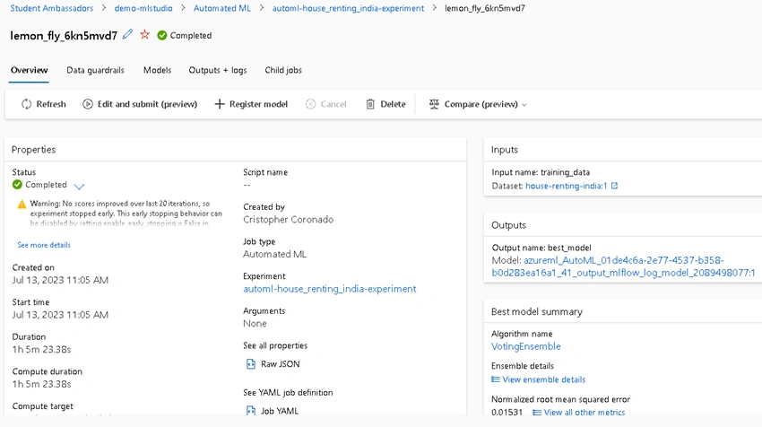 regression model of house renting Azure AutoML