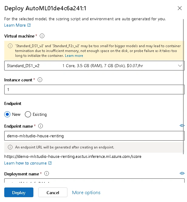 regression model of house renting Azure AutoML