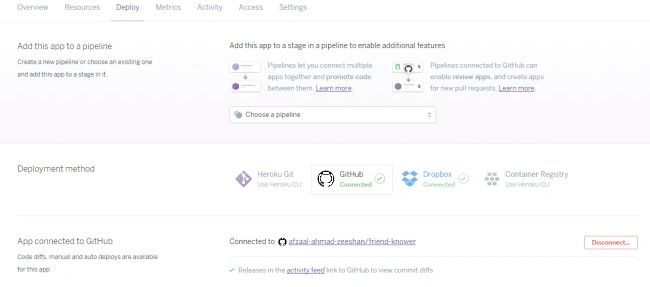 Heroku dashboard for deployment of apps