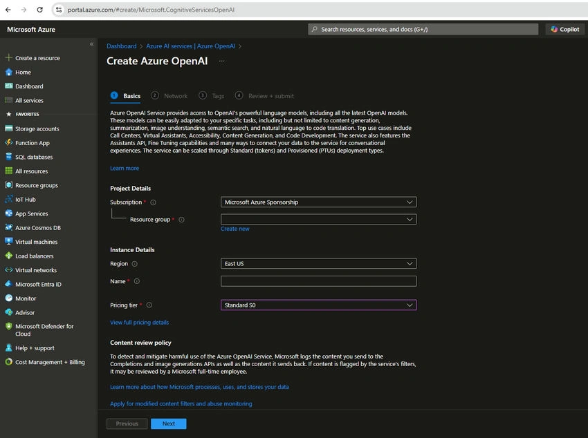 Create Azure OpebAI