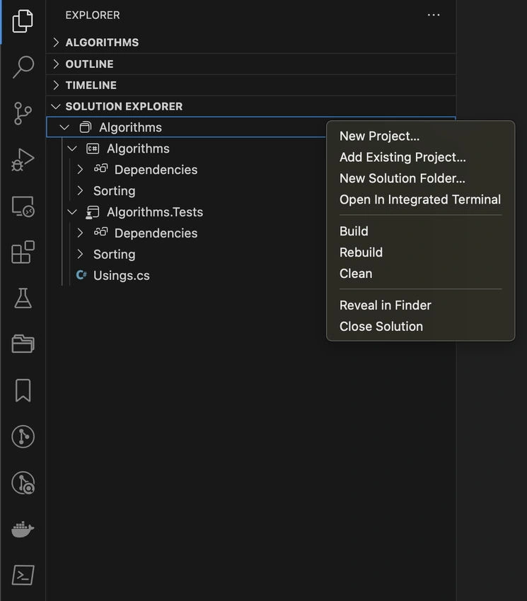 Solution Explorer with context menu