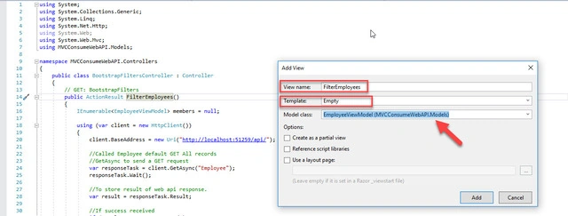 create a Razor view