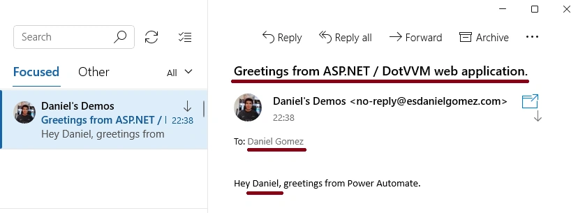 Results in the email