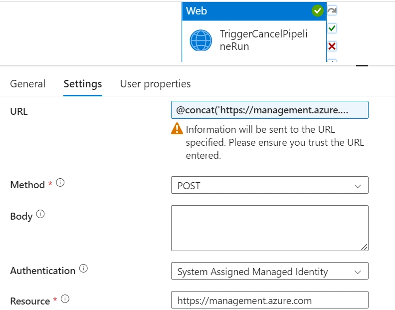 Web activity configuration