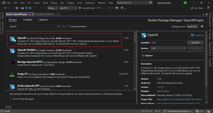 Install OpenAI NuGet package