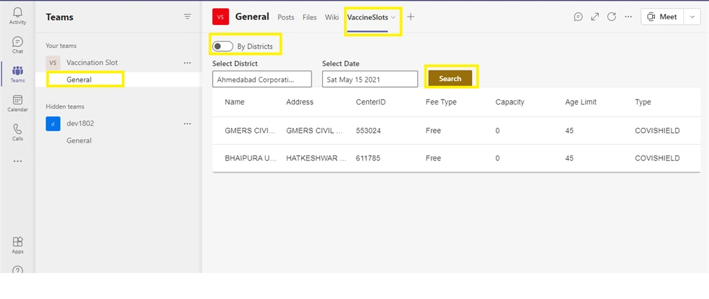 Check Availability Of Vaccination Slot In Microsoft Teams Tab