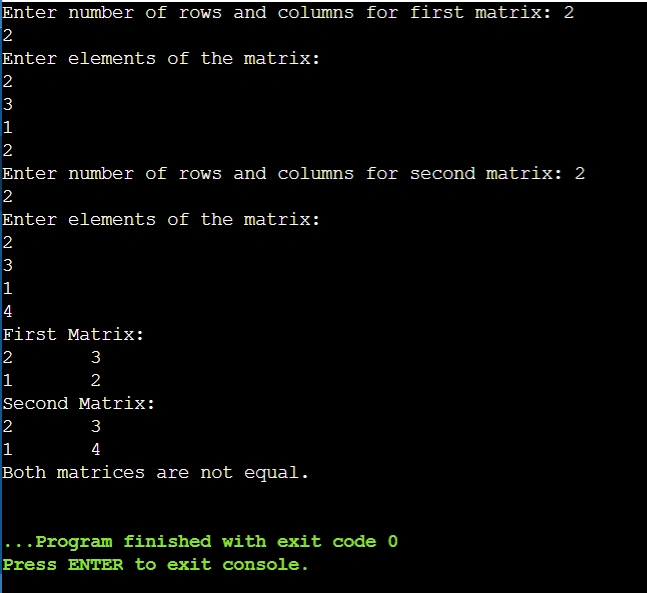Matrix not equal in java