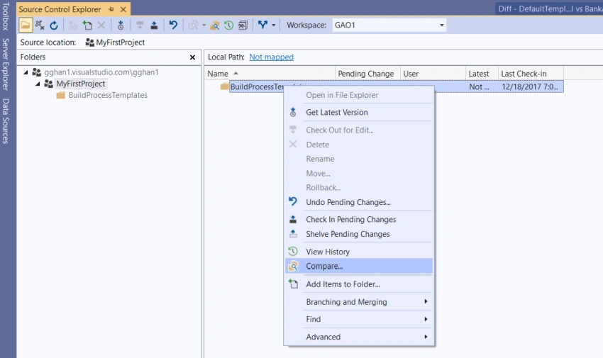 Comapare Files (1), with TFS and Git GUI in Visual Studio