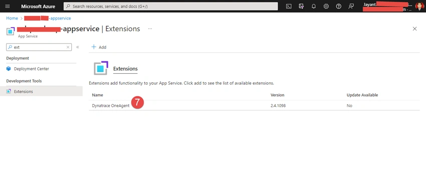 Configuration of Dynatrace on Azure Web App Service