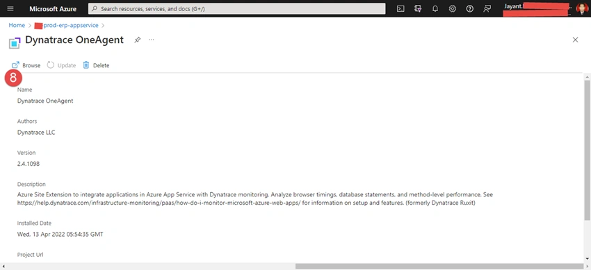 Configuration of Dynatrace on Azure Web App Service