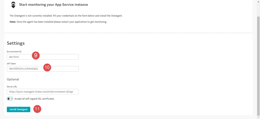 Configuration of Dynatrace on Azure Web App Service