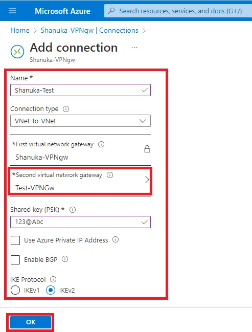 Configure A IPsec Tunnel VNet-To-VNet VPN Gateway