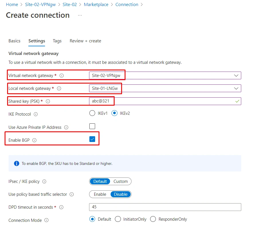 Configuring BGP Tunnel in Azure