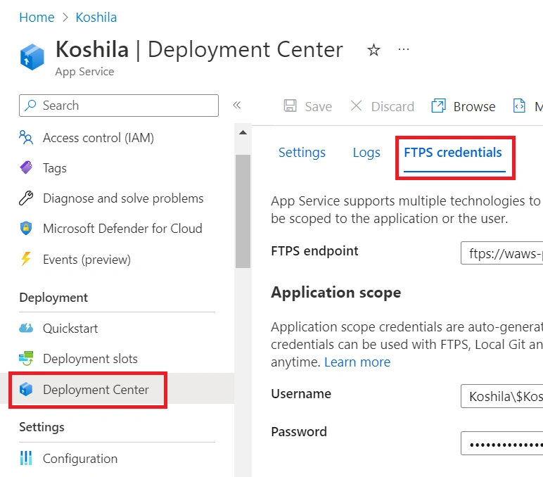 Configuring FTP Server for Azure App Service