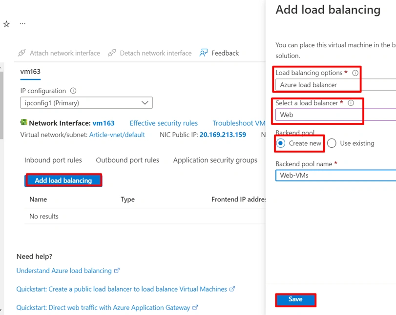 Configuring NAT and PAT for Azure Load balancer