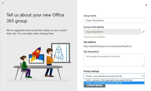 Connect SharePoint Site to Office 365 Group