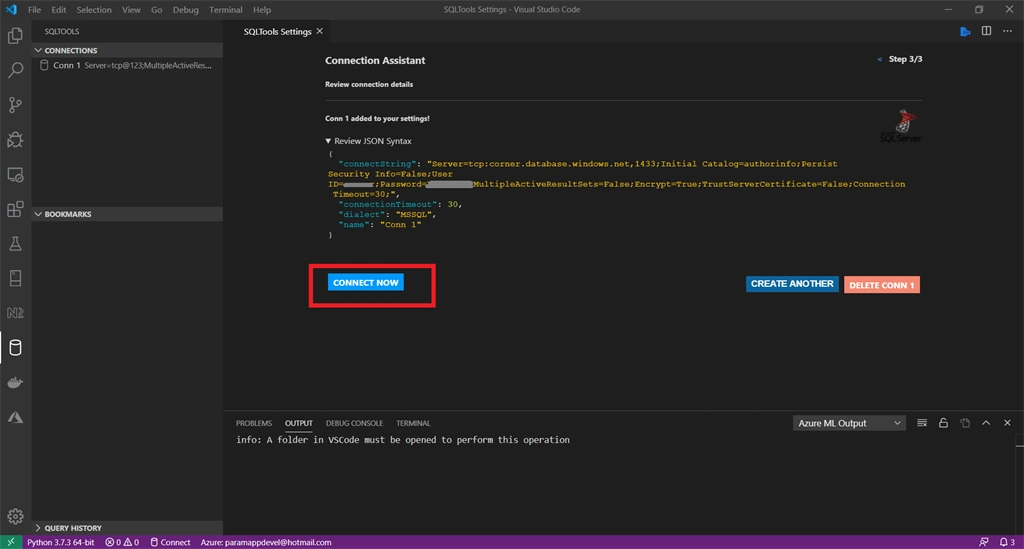 Connecting Azure SQL Database In Visual Studio Code