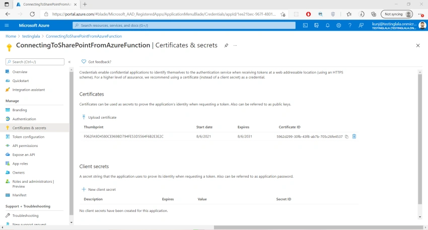 Connecting to SharePoint Online using Certificate based Authentication in Azure Function