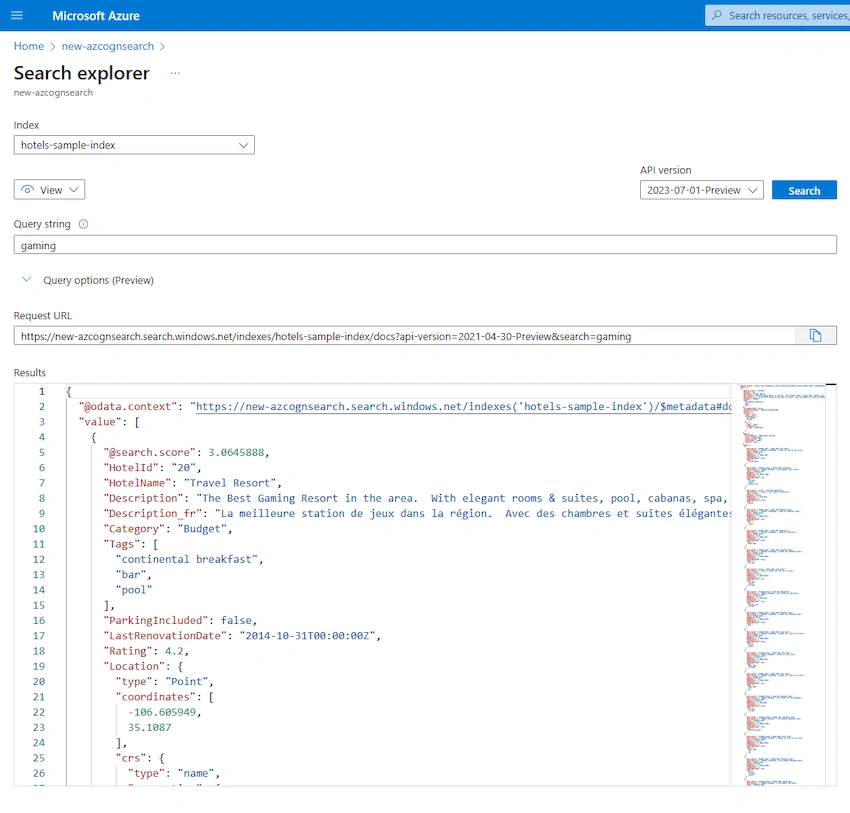 Search Explorer JSON result from "gaming" query.