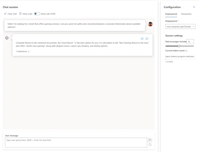 Chat session in Azure OpenAI Service using your data as source.
