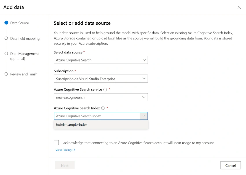 First step to add data: New dropdowns appear when you select the data source.