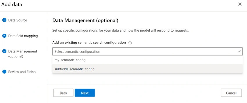 Third step to add data: A dropdown with existing semantic search configurations.