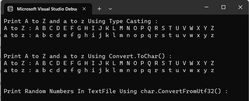 Output of A To Z And a to z
