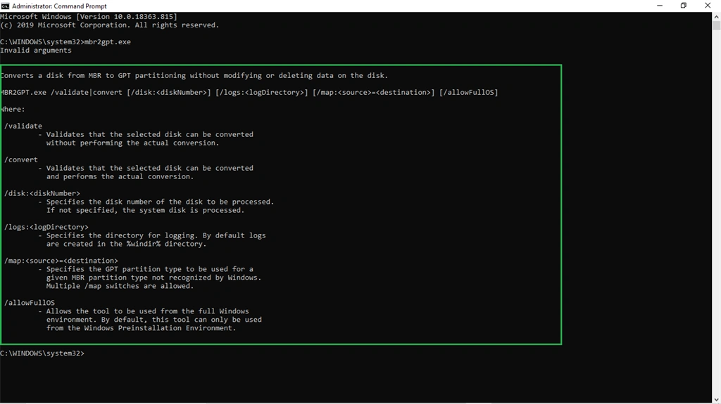 Converting The Disk Partition From MBR To GPT Using Command Prompt