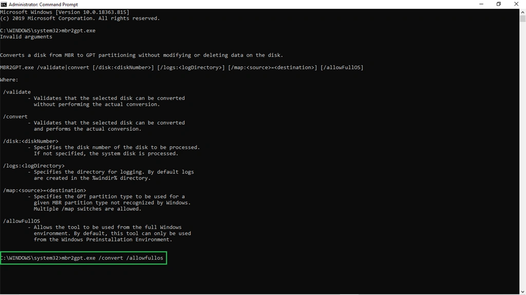Converting The Disk Partition From MBR To GPT Using Command Prompt