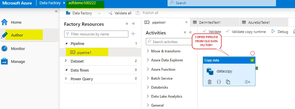 Restore Azure data factory