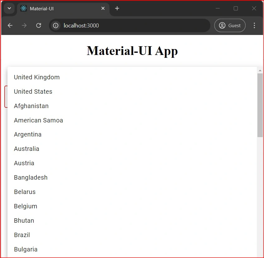 Sample country list