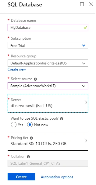 Create a SQL database in the Azure portal