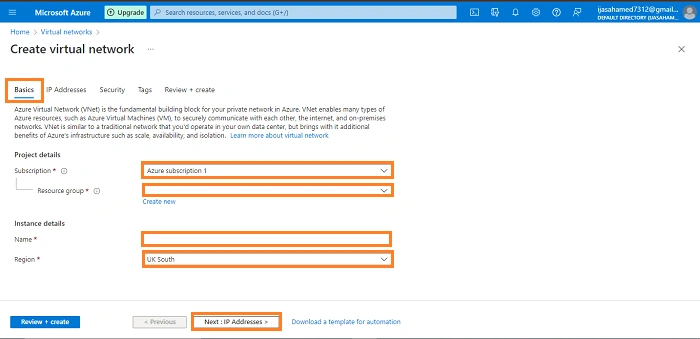 Create a Virtual Network in Azure Portal