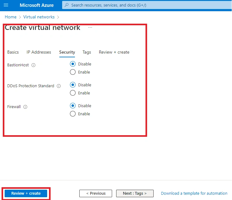 create a Virtual Network in azure