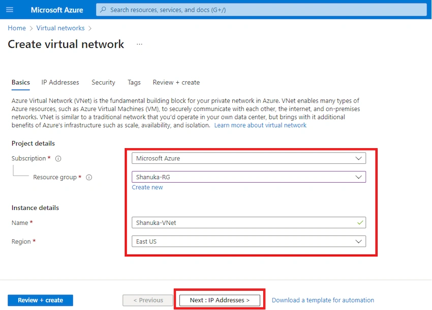 create a Virtual Network in azure