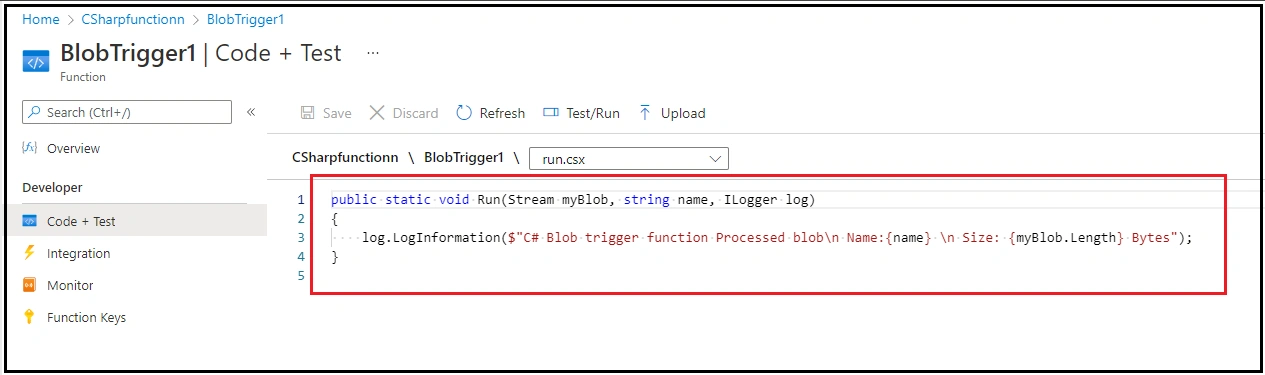 Blob Trigger in Azure Portal