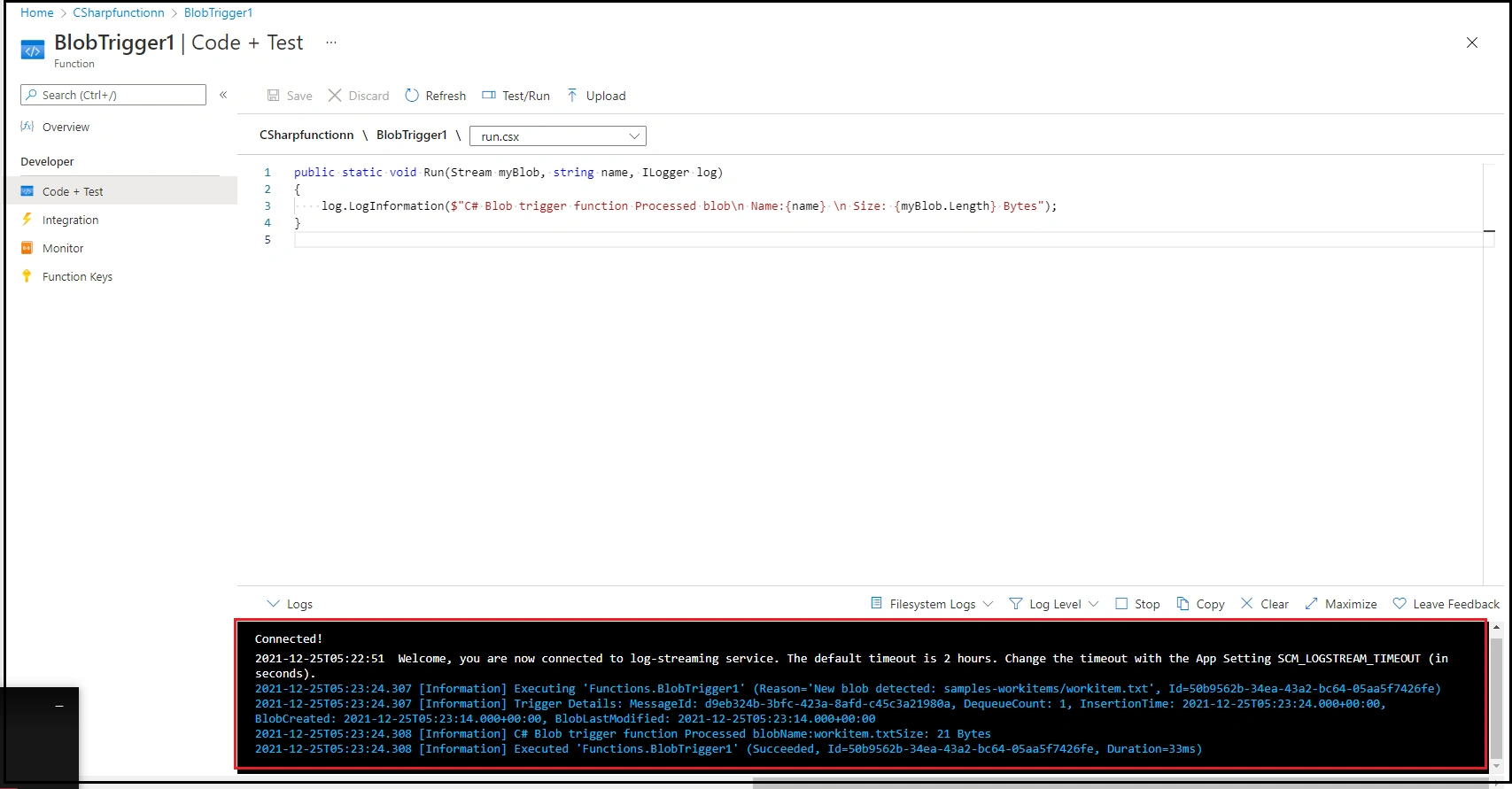 Blob Trigger in Azure Portal