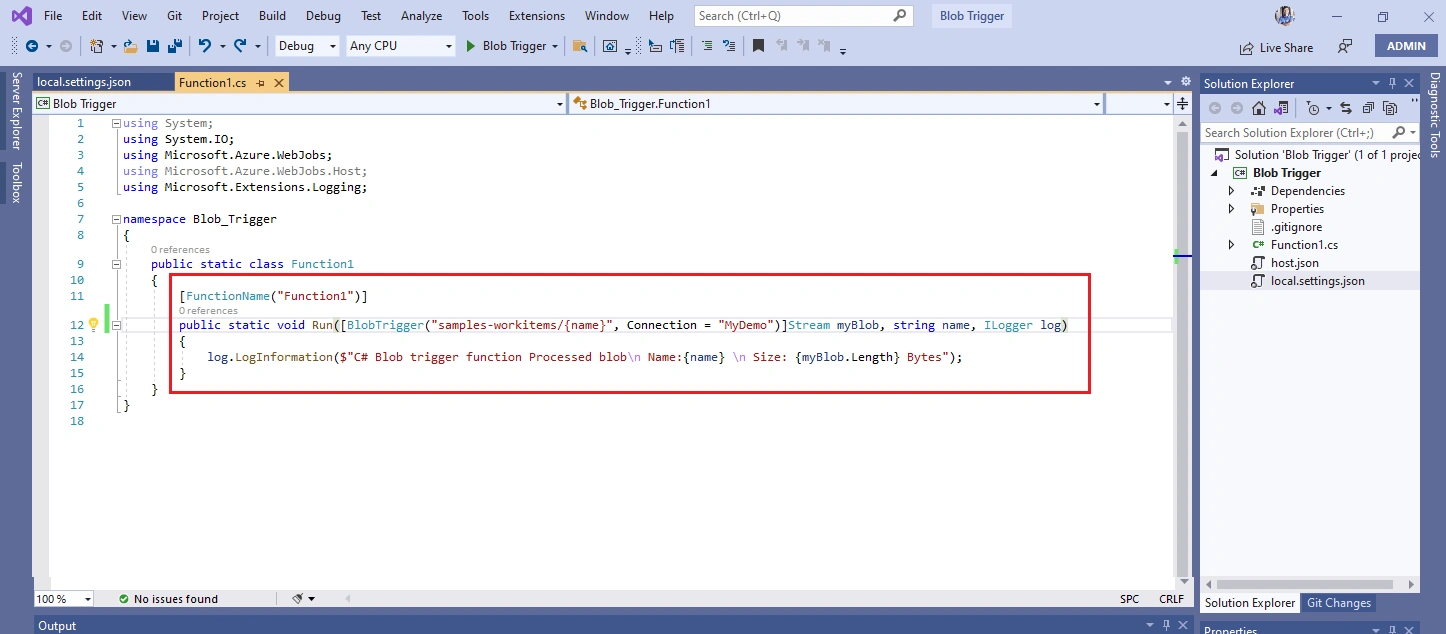 Blob Trigger in Visual Studio