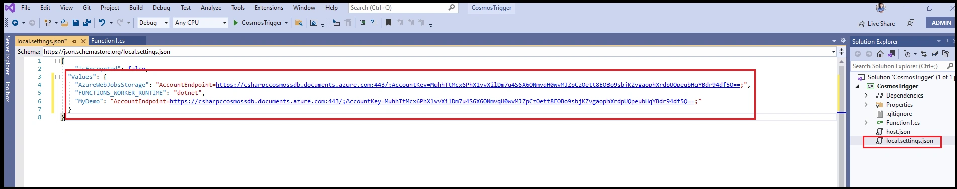 Cosmos Trigger in Visual Studio